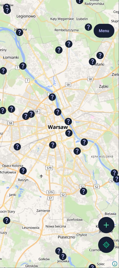 Wildora Journey map view centered on Warsaw with AI-scored mystery markers